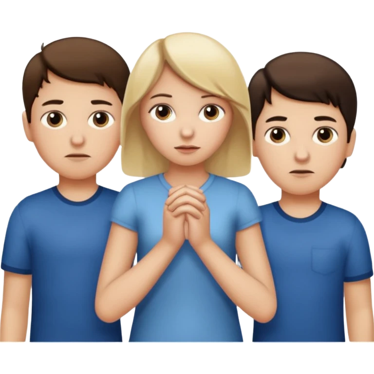 Apple iOS emoji style.
A girl holding hands with two boys at the same time,one boy si brunette the other blonde, one on each side.
The girl has a suspicious, guilty expression, slightly turned eyes.
The boys look neutral and unaware.
 smooth gradients, rounded shape emoji