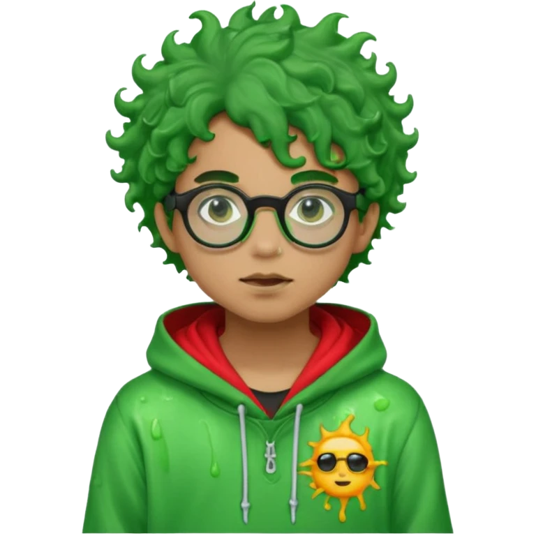 pale light brownskin boy with green slime coming out his eyes, and black glasses, nosering, wit messy, and curly freeforms, wearing a red hoodie with a Glo Gang sun on the hoodie. emoji