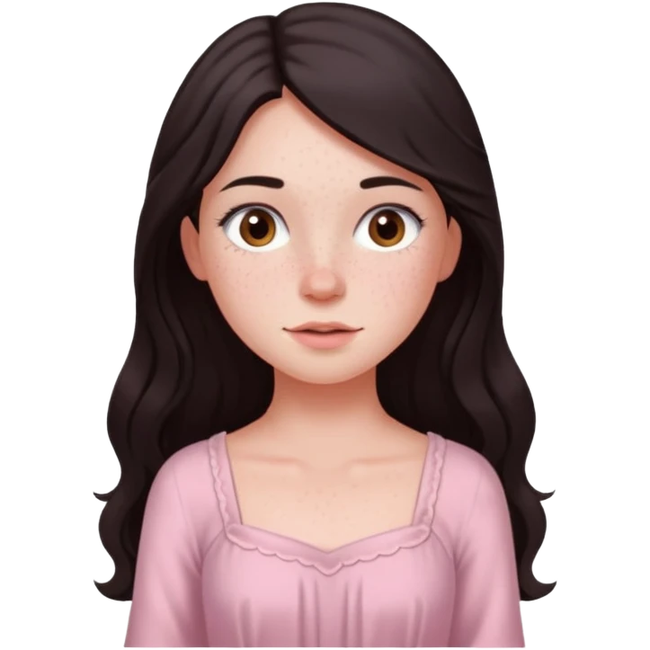 Девочка с длинными темными волосами и веснушками в нежно розовом emoji