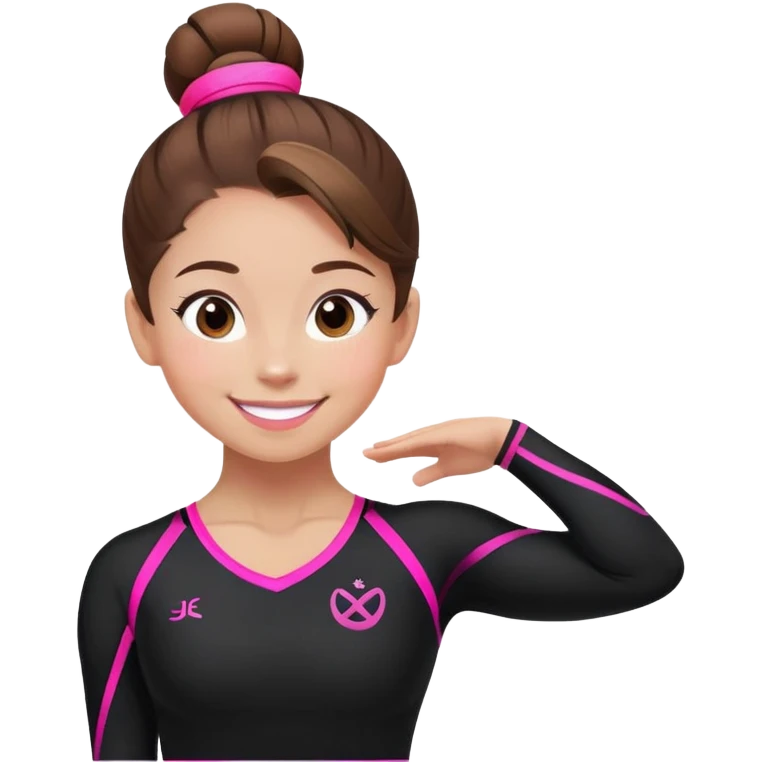 Happy female gymnast with brown hair in a neat bun, wearing a black uniform with neon pink elements. emoji