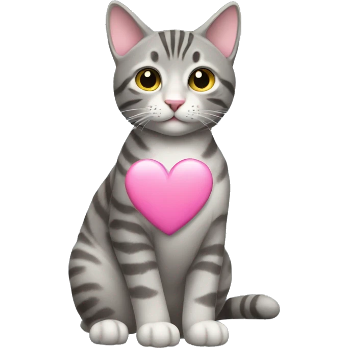 gray tabby cat with pink heart emoji