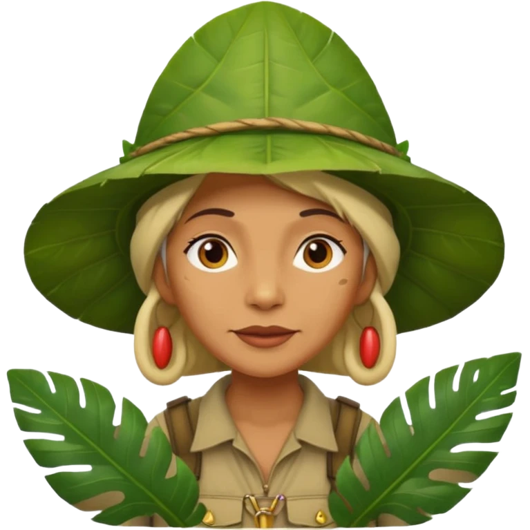a old female explorer with jungle wearing a large leaf headgear bye  emoji