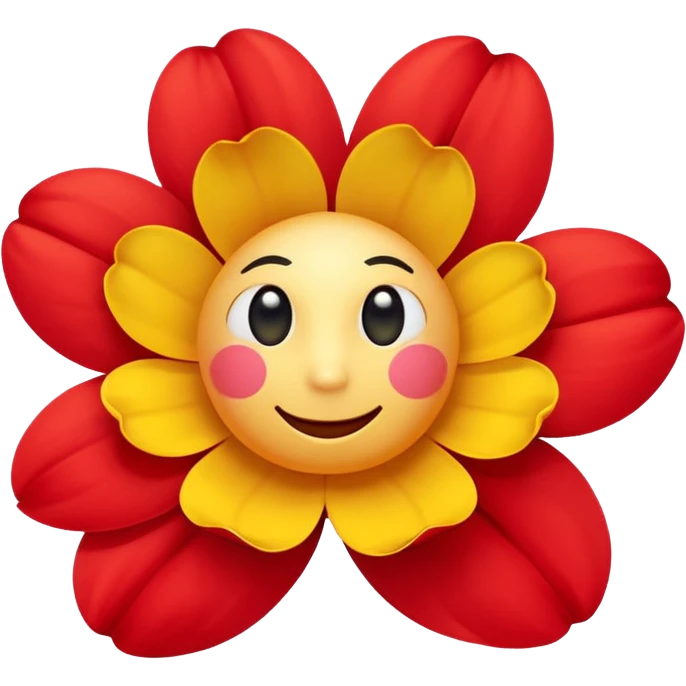 A flower with round yellow face with soft gradients, large glossy black cartoon eyes, and a simple curved smile. Surrounding bright red inflated petals with smooth shading and soft reflections. emoji
