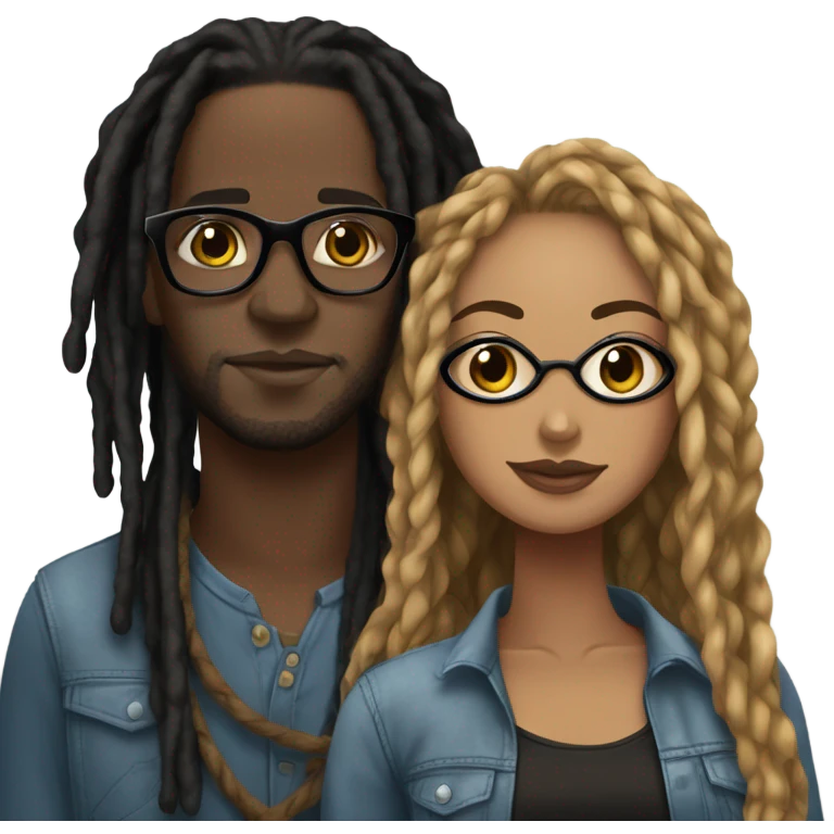black couple with locs, light skin with long black locs, dark skin with glasses and BLACK locs tied up kissing emoji