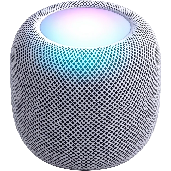 Modern Apple HomePod mini smart speaker, spherical compact design with touch interface on top, minimalist aesthetic emoji