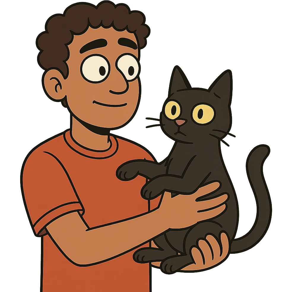 flat toon style young male with brown light skin, slightly curly hair, holding a black cat emoji