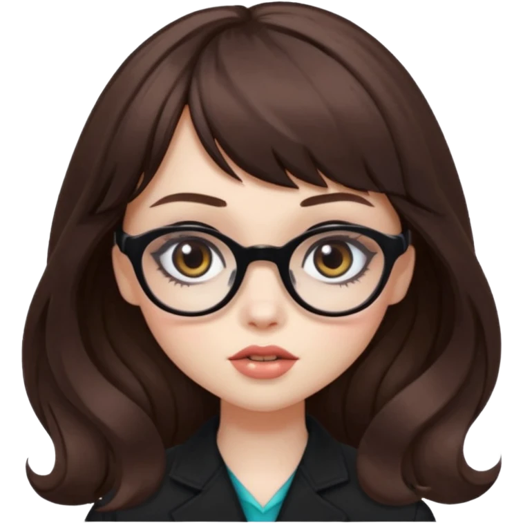 wavy brown long bangs hair, pale skin, dark black iris, pretty bratz baddie, strong black eyeliner, glasses emoji