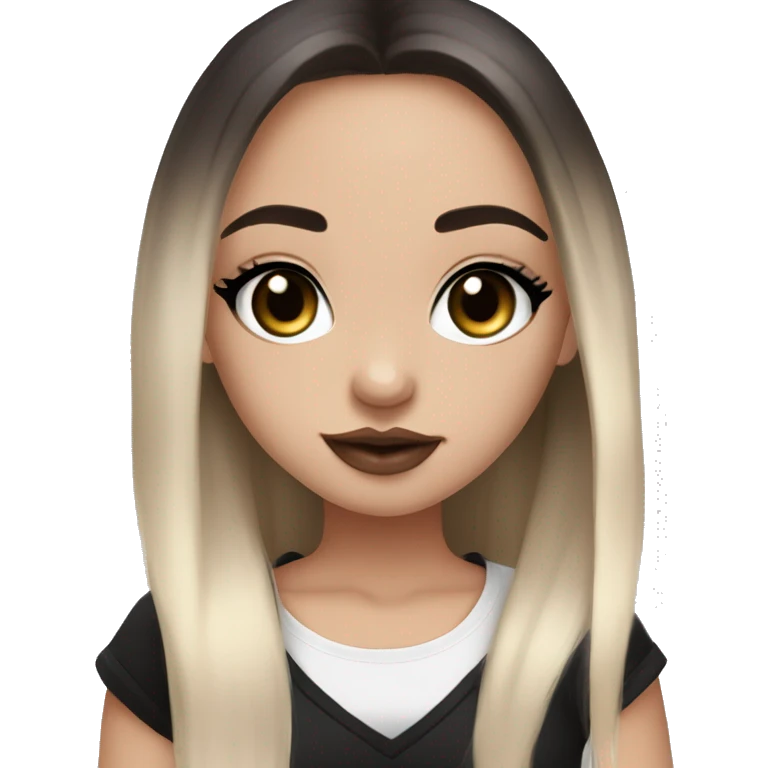 Slavic girl, goth eyes makeup, pink lips, brown eyes, long black-to-blonde ombre straight hair, black T-shirt, chibi, smiling. emoji