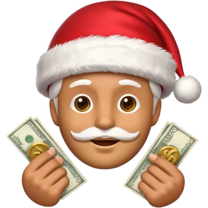 A confident rich emoji face wearing a Santa hat, money stacks, casino vibe, New Year theme, premium 3D emoji style, sharp details, no text, isolated on transparent background emoji
