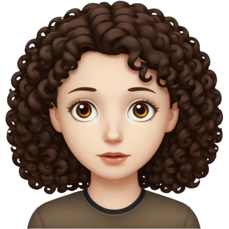 Pale skin, curly dark brown hair, medium brown eyes. emoji