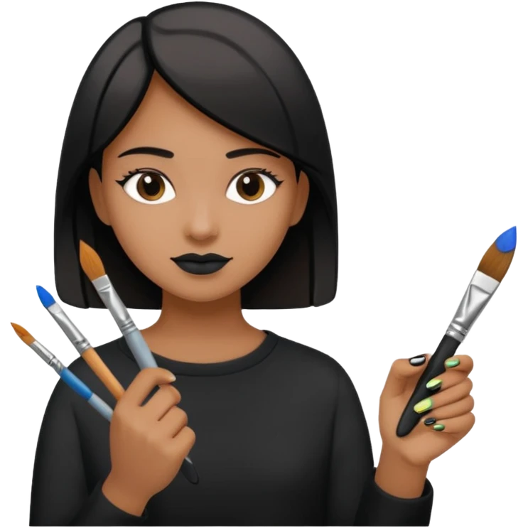 close-up of medium skin tone fingers with black nail polish, painting in progress emoji