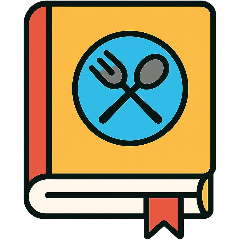 Closed cookbook with a fork and spoon symbol on the cover – collection of recipes emoji
