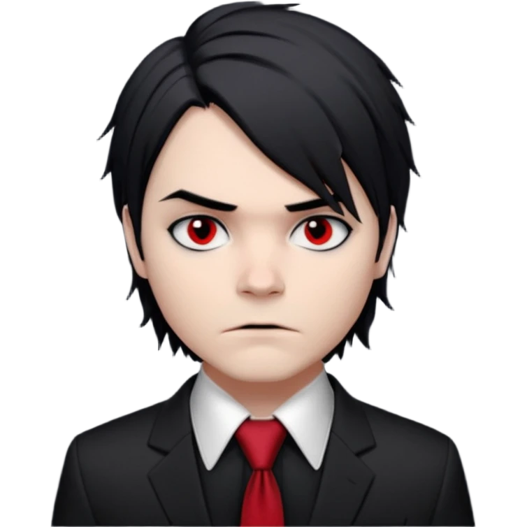 Gerard Way (Revenge Era)
Round, simplified emoji style
Pale skin tone
Jet-black, shoulder-length hair messy and emo
Heavy eyeliner and slight red shadow under the eyes
Subtle serious
Hint of red tie visible on black button up shirt.
Transparent background. Black eyeliner. Messy emo hair emoji