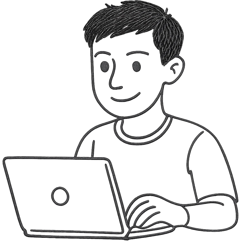 Change the man's hairstyle to a different style, keep him with dark hair and green eyes working on a laptop, hand-drawn outline style, simple background removed. emoji
