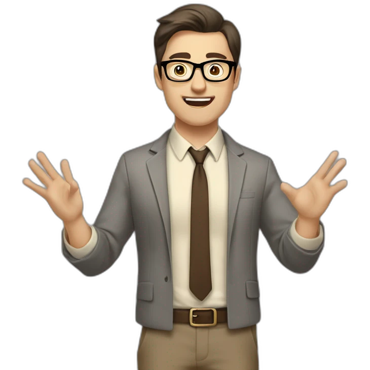 To belt Actively gesturing with hands Pale skinned fit man with dark brown hair in gray jacket, beige office shirt, brown tie, brown pants and vintage glasses. emoji