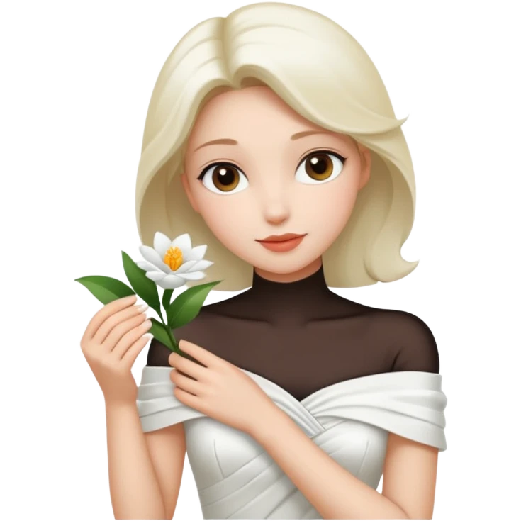 Pretty lady wearing a white silky off-the-shoulder folded neckline and holding a white flower on her right hand emoji