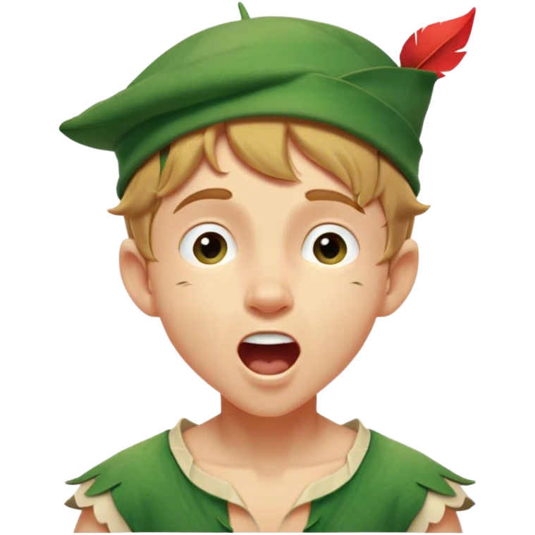 Cinematic Realistic Peter Pan Portrait, head tilted slightly with a dramatic, wide-open yawn, revealing a relaxed yet spirited expression. His detailed tunic and cap, paired with a gentle, ambient glow, capture a tender moment of vulnerability amidst his eternal quest for adventure. emoji