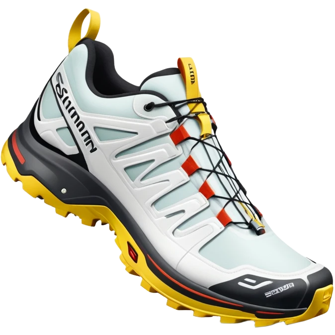 White Salomon XT-6 Gore-Tex sneakers as a pair with one shoe positioned behind the other, iOS emoji style, featuring trail running design with zigzag overlays and aggressive sole emoji