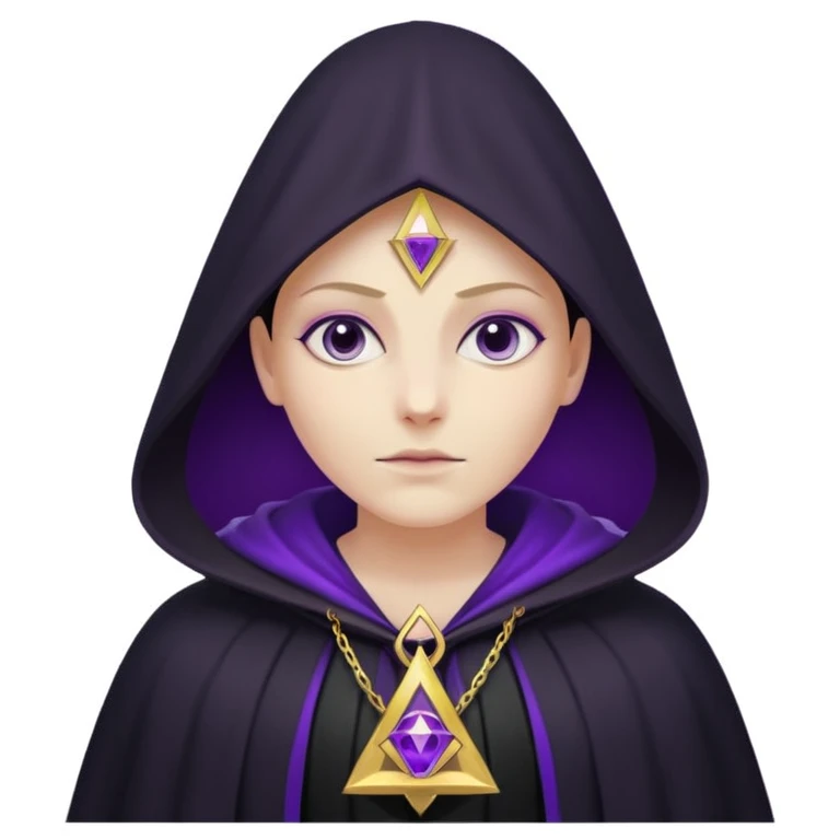 illuminati shadow figure standing in black cloak with gold triangle necklace, purple background emoji