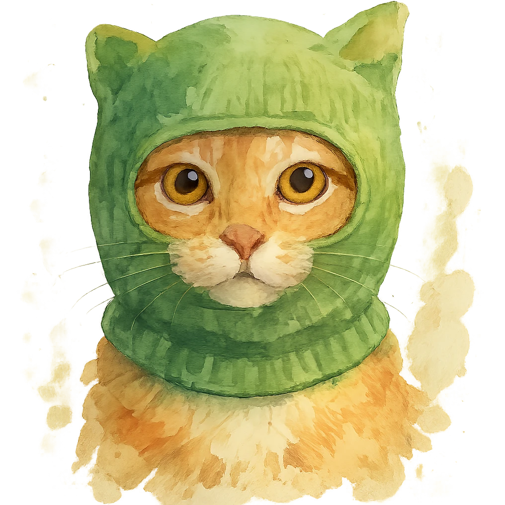 watercolor style cat in a green balaclava emoji