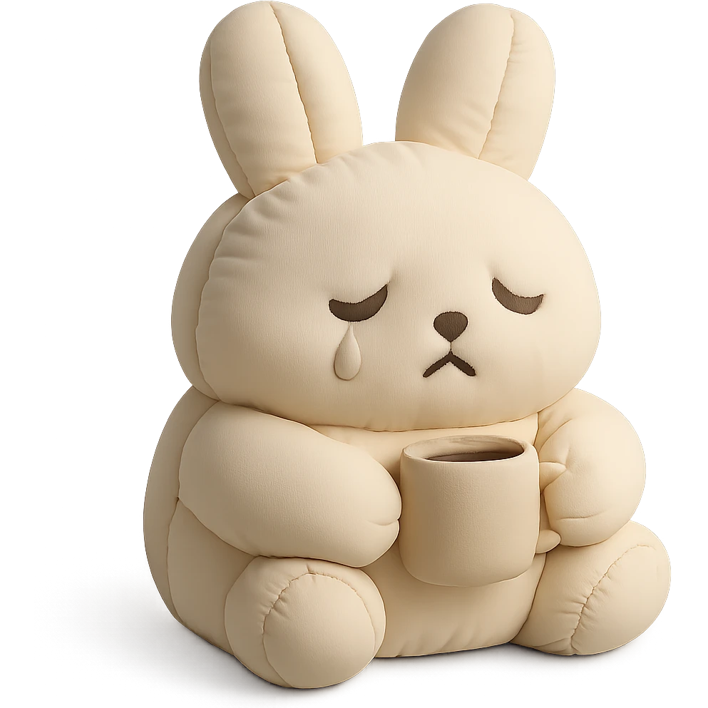fluffy cream bunny with teardrop eyes holding a coffee mug, cozy soft background, cushion style emoji