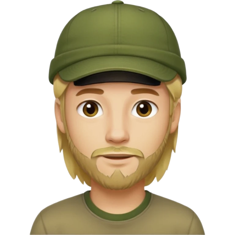 Apple emoji style young man with light skin, long blond hair, short stubble beard, dark eyes, olive green cap, friendly expression, clean shapes and soft gradients. emoji
