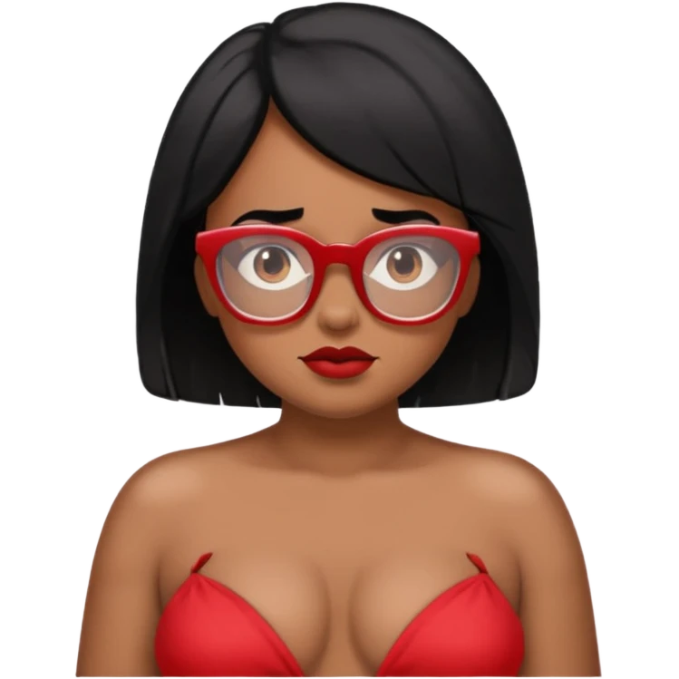 Topless shrug, black hair, red glasses, brown skin, bigger areola  emoji