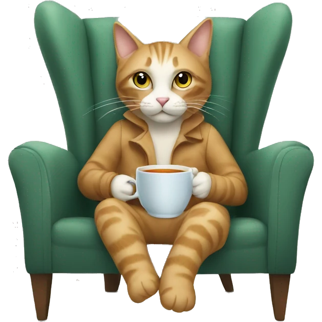 cat drinking tea looking at camera sitting in a chair emoji