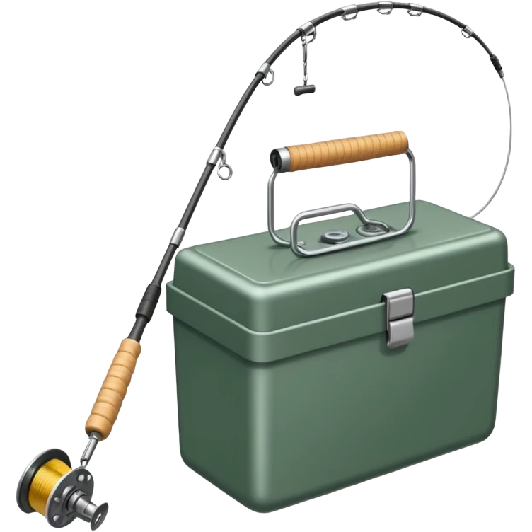 A fishing rod with reel and line neatly coiled beside a bait box. emoji