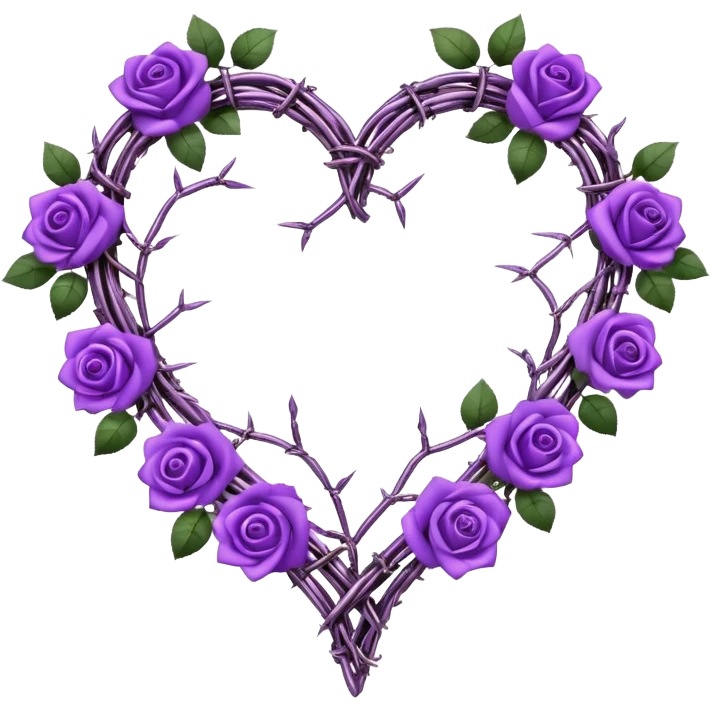 heart shape made out of barb wire vines with purple roses border with crystals hanging  emoji