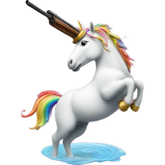 unicorn with a shotgun barrel as a horn shooting a stream of a rainbow emoji