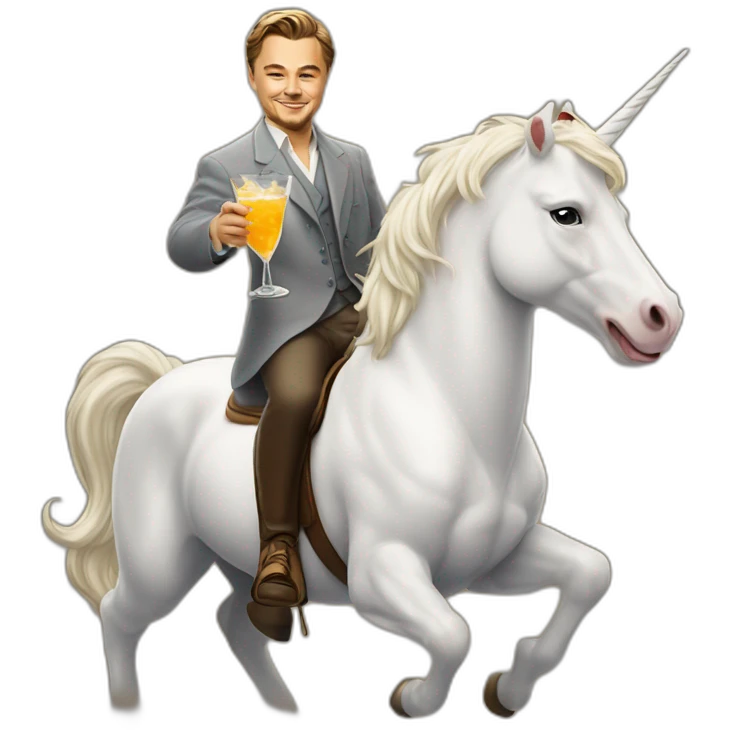 Leonardo DiCaprio smiling, raising a glass of cocktail and riding a white unicorn emoji