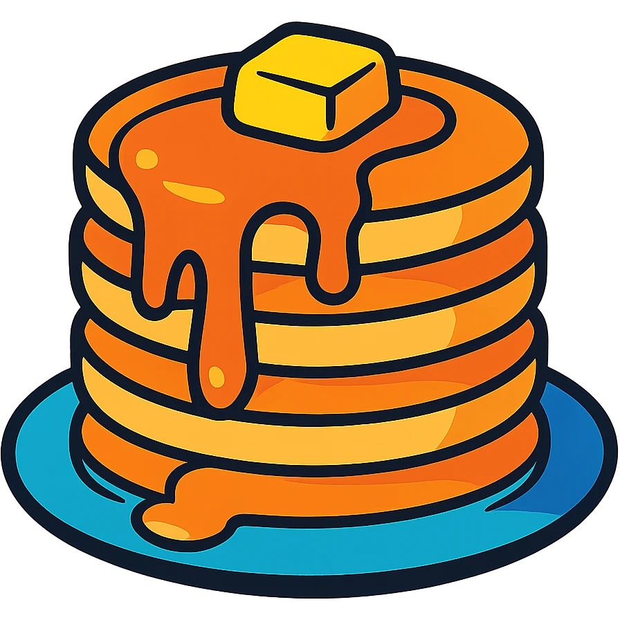 a stack of pancakes with syrup, playful cartoon style emoji