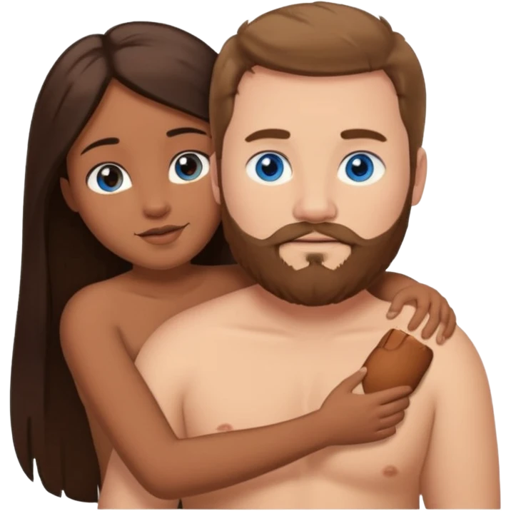 chubby white guy with brown hair and beard and blue eyes, holding a brown girl with long dark hair and dark brown eyes in arms, naked, showing tits emoji