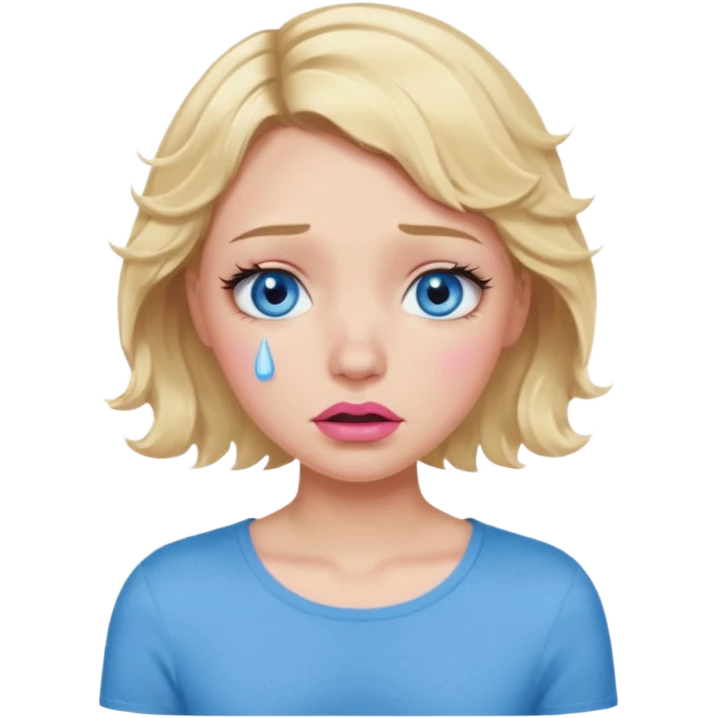 Girl Blonde short wavy hair,  blue eyes, cute blue top, long lashes, pink lips,crying with tears running down the face  emoji