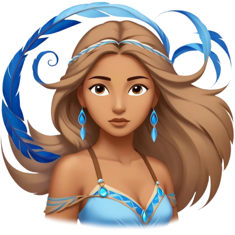 Cinematic Elegant Pocahontas Portrait Emoji, Standing serenely with a blue wind swirl around her, soft feathers in her hair, a tranquil yet powerful gaze, beauty beyond time, an ethereal aura of connection with nature, regal and enchanting! emoji