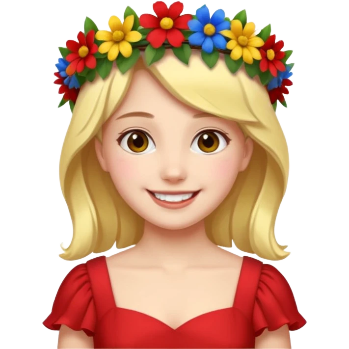 girl with flower crown in red dress and yellow ,blue,green colored flowers emoji