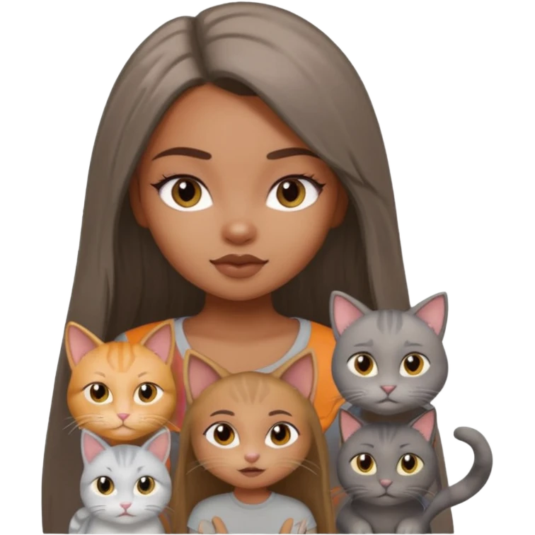 a pretty bratz dusky girl with long straight hair with four cats nd wearing a grey tshirt emoji