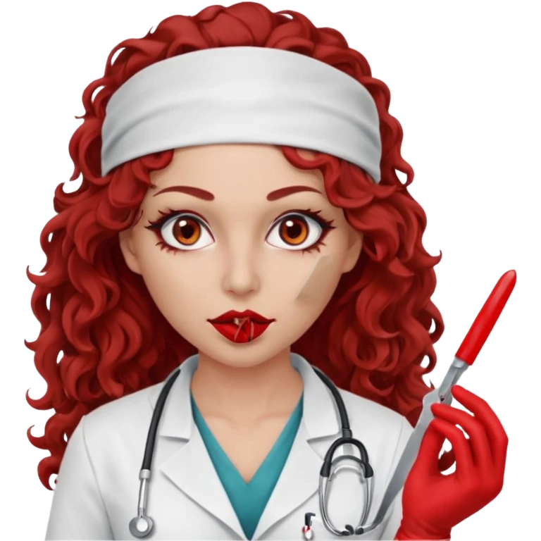 Scary woman scalpel in hand, evil surgeon sexy surgeon clothes.  She has red eyes. Her  brown long curly hair. Wears sexy doctor outfit with red gloves. Hides mouth necknose with red bandana to hide her identity emoji