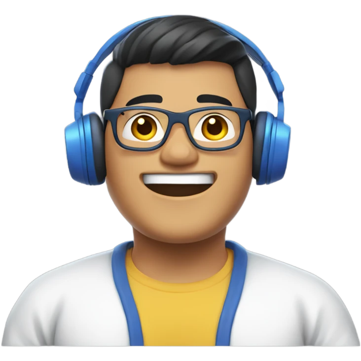 A slightly chubby Filipino gamer guy wearing blue headphones, glasses, and a white t-shirt with a white background where he is waving hello. emoji