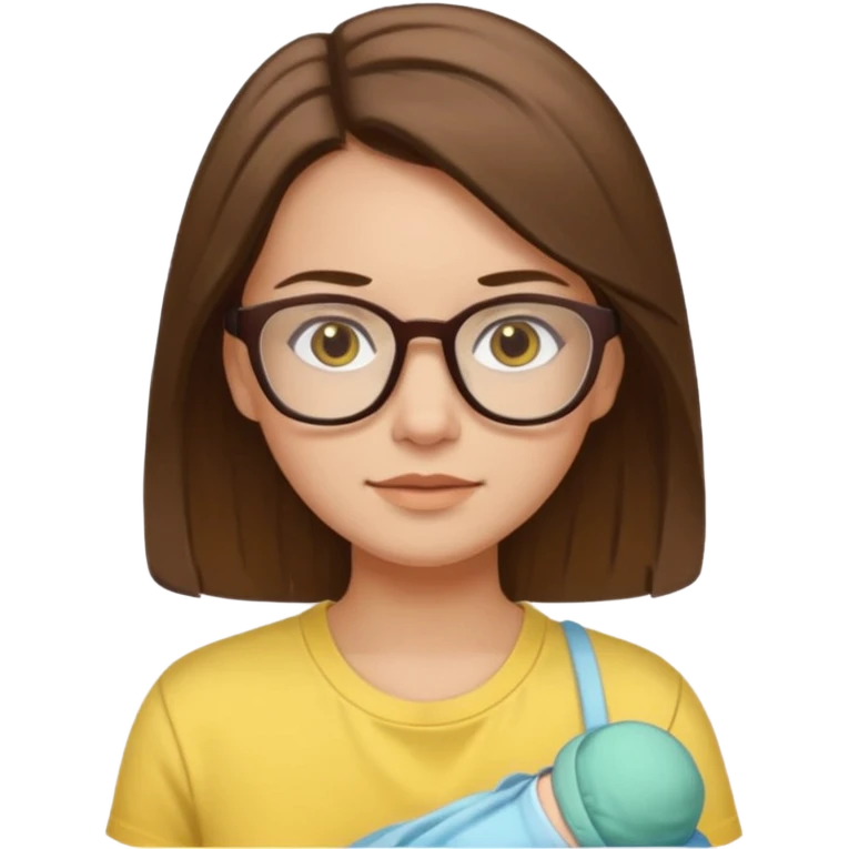 Hawaii female with white skin. Shoulder length straight brown hair. Brown eyes with glasses. Female wearing baby yellow shirt. emoji