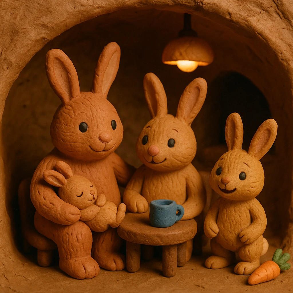 rabbit family in a burrow, cozy and cheerful, detailed fur, claymation style emoji
