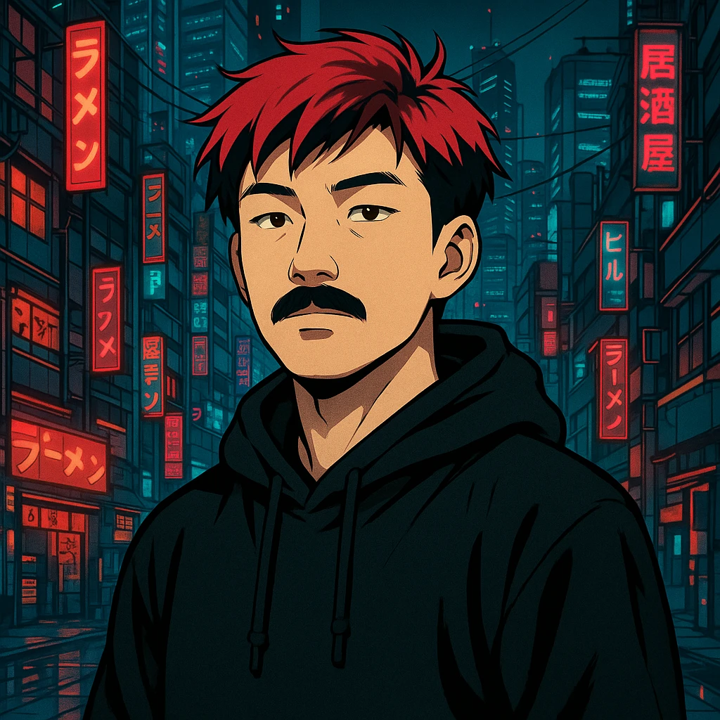 Asian man with black mustache, red hair, black hoodie, futuristic city background, Japanese cyberpunk anime style emoji
