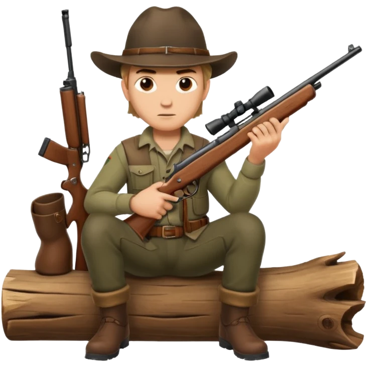male hunter sitting on a log with gun, alert expression emoji