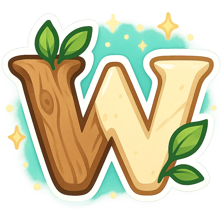 stylized letter W made of wood and alabaster, leafy accents, magical glow, emoji style emoji