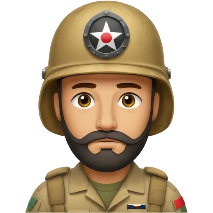 very tired Iraqi military, in a helmet, with a beard emoji