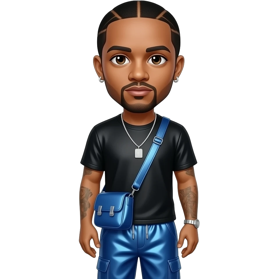 Drake with dark brown eyes, black hair, black metallic t-shirt, cobalt blue metallic baggy pants, necklace emoji