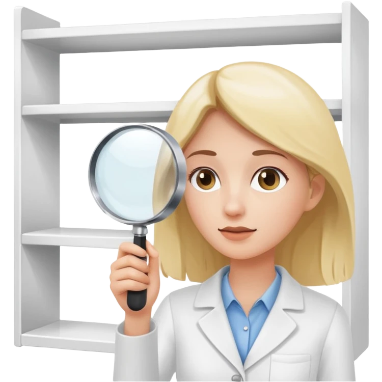 emoji of white empty shelf in perspective view with a standing woman nearby, she is looking at the shelfs with a magnifying glass, she is turned to the shelfs emoji
