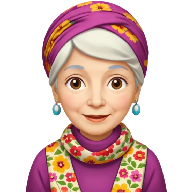 A kind old Russian village grandmother emoji — elderly woman wearing a bright floral headscarf tied under her chin, colorful patterned dress, warm smile, simple rural look. Flat minimal emoji style, clean Apple-like design. emoji