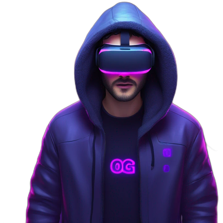 John Snow wearing a black hoodie with "OMG" letters on it and VR headset in a cyberpunk VR environment with violet neon lighting. emoji